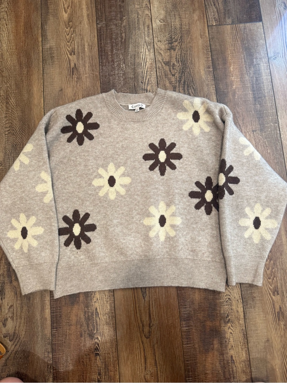 Nanette Lepore Beige Floral Crew Sweater with Brown & Cream Blooms